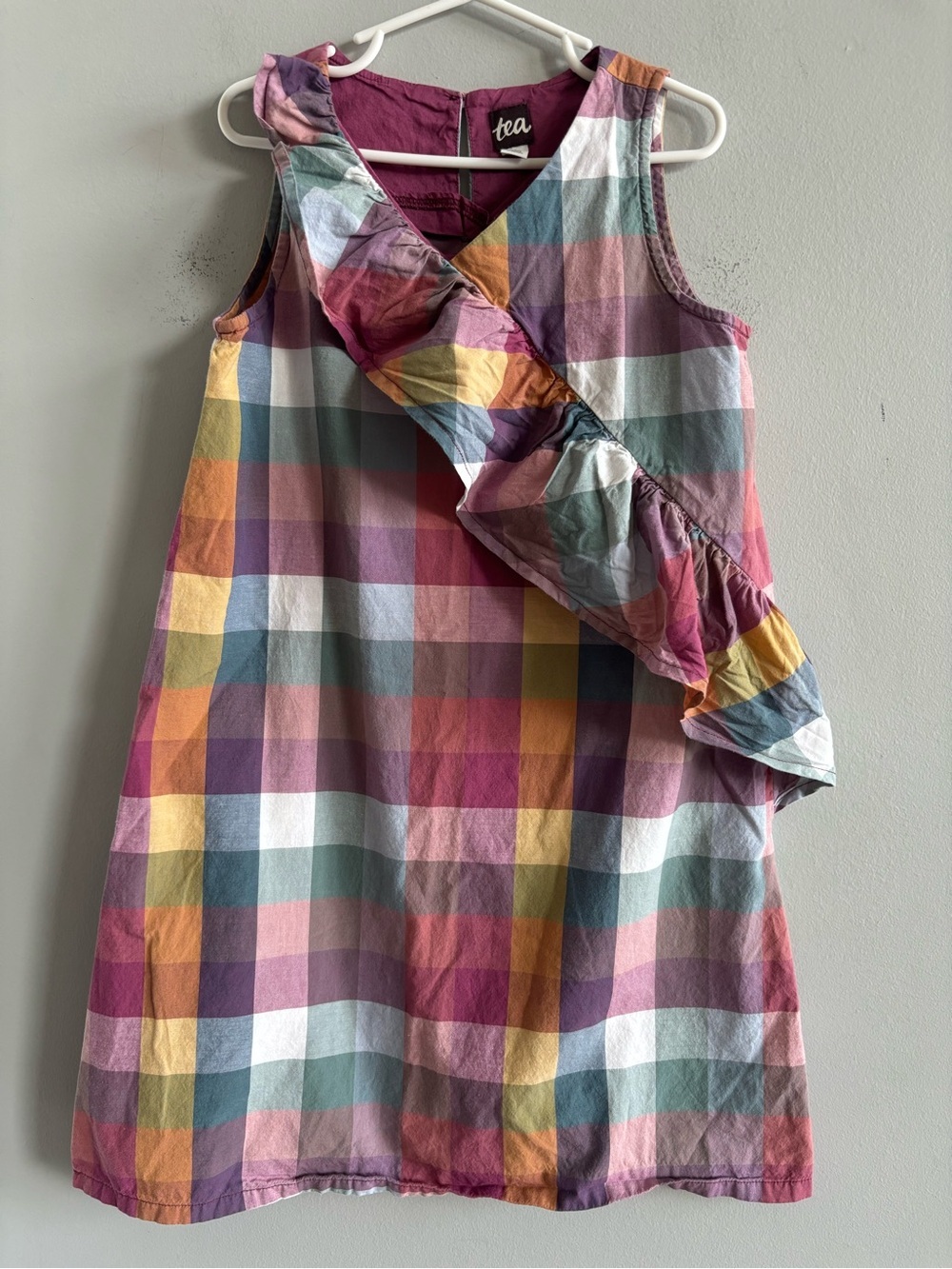Tea Collection Girls Madras Ruffle Tank Dress Suez Plaid Sleeveless size 8